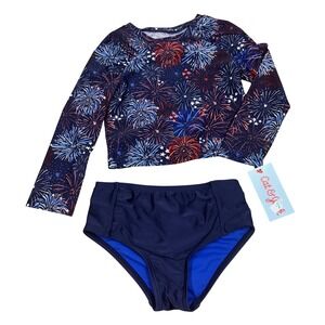 Cat & Jack Girls 4T Fireworks Rash Guard Swimsuit Set Navy Blue 2pc NWT